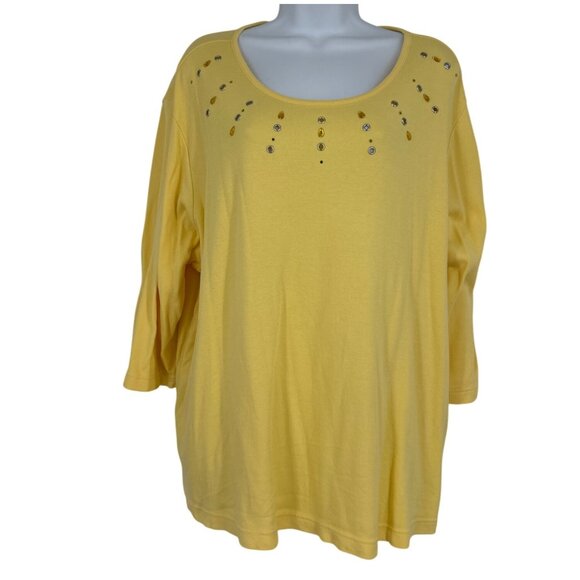 Quacker Factory Yellow Scoop Neck Top W/ Rhinestone & Grommet Design Size 2X - Picture 1 of 10